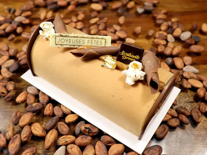 Bûche maïs praliné, caramel chocolat Bourgoin-Jallieu