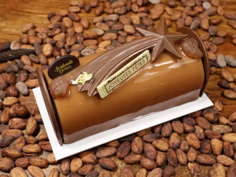 Biscuit cacao, crémeux vanille, mousse marrons, débris de marron glacé. (Sans farine)