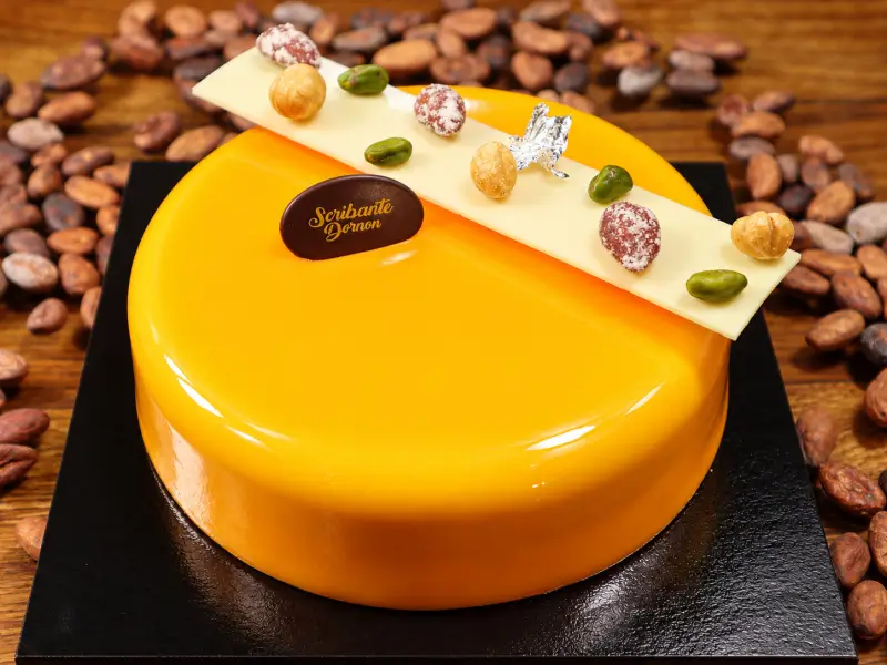Pâtisserie pistache/amande, nougat et abricot